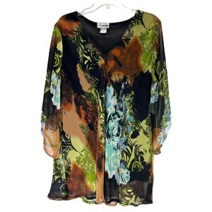 Sheer Floral Print Lined V Neck Blouse Top Signature by Studio 1X Women Plus